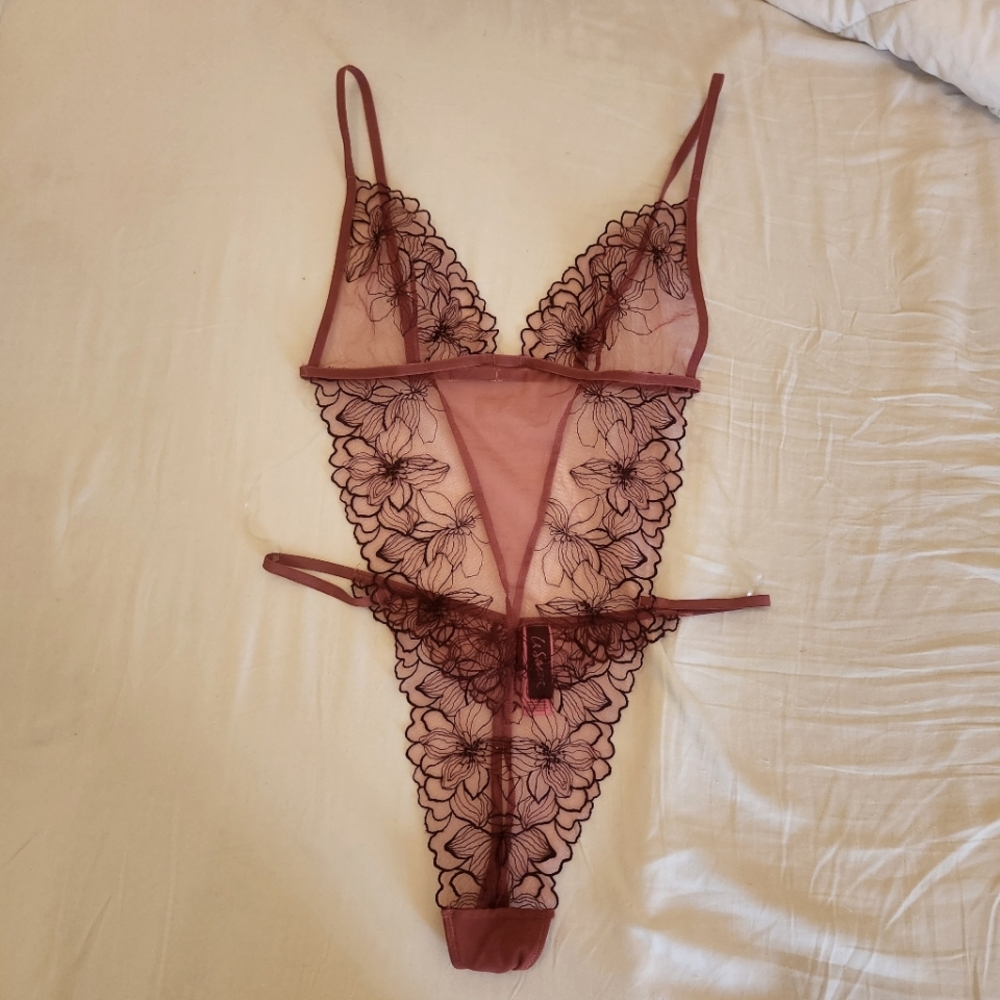 La Senza Barely There Mesh Bodysuit Rose G String Floral Sheer NWOT